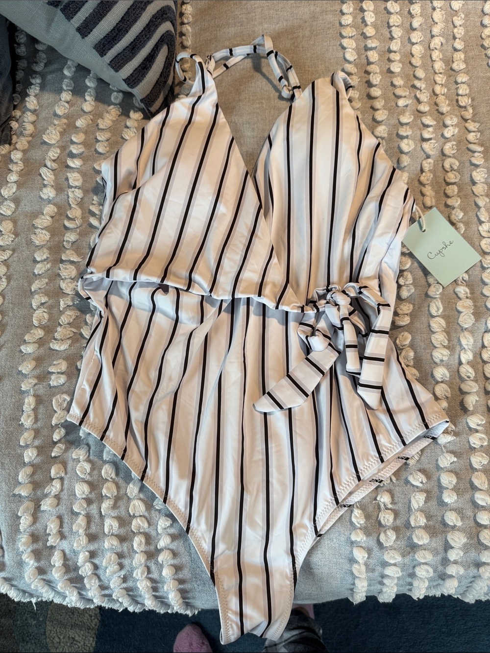 NWT Cupshe White and Black Vertical Stripe One-Piece Swimsuit